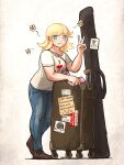  1girl blonde_hair blue_eyes blue_pants breasts brown_shoes cellphone commentary denim english_commentary full_body german_text highres holding holding_phone ironlily jeans medium_breasts original pants perlweiss_(ironlily) phone rolling_suitcase shoes smartphone solo suitcase thick_arms translation_request v 