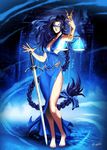  barefoot blindfold blue_hair breasts cleavage dress genzoman justitia_(mythology) large_breasts legs lips long_hair original solo sword very_long_hair weapon weighing_scale 
