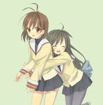  2girls brown_eyes brown_hair clannad furukawa_nagisa happy hug ibuki_fuuko long_hair multiple_girls pantyhose short_hair skirt 