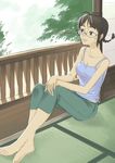  akizuki_ritsuko barefoot braid brown_eyes brown_hair camisole capri_pants feet glasses hands_on_own_knee idolmaster idolmaster_(classic) idolmaster_1 inu_(aerodog) pants short_hair sitting solo sweatdrop tatami twin_braids 