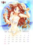  beach bikini brown_hair calendar_(medium) flower hibiscus kakyuusei_2 long_hair purple_eyes shirai_yuuri solo swimsuit tamaki_(diarie_inaiinaibaa) 