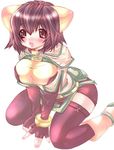  :d animal_ears artist_request belt belt_pouch blush bob_cut boots bracelet breast_squeeze breasts capelet elbow_gloves fingerless_gloves gloves hunter_(ragnarok_online) jewelry kneeling large_breasts leaning_forward open_mouth pouch purple_hair purple_legwear ragnarok_online red_eyes shirt short_hair simple_background smile solo taut_clothes taut_shirt thighhighs 