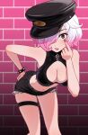  1girl akanbe black_shorts breasts brikot cleavage eyelid_pull hair_over_one_eye hat highres large_breasts looking_at_viewer multicolored_hair navel original pink_hair shorts solo thigh_strap tongue tongue_out white_hair 