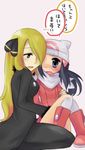  age_difference alternate_costume blonde_hair blue_eyes blue_hair blush boots coat hair_over_one_eye hat hikari_(pokemon) hug long_hair multiple_girls pink_footwear pokemon pokemon_(game) pokemon_dppt pokemon_platinum scarf sebun shirona_(pokemon) translated white_scarf winter_clothes yuri 