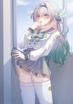  1girl absurdres black_hairband blue_sky blush bow bowtie checkered_bow checkered_bowtie checkered_clothes clothes_lift commentary_request day firefly_(honkai:_star_rail) firefly_(spring_missive)_(honkai:_star_rail) gradient_eyes gradient_hair green_bow green_bowtie grey_hair grey_sailor_collar grey_skirt hairband highres honkai:_star_rail honkai_(series) indoors lifting_own_clothes long_hair long_sleeves memeiradesuyo multicolored_eyes multicolored_hair panties pantyshot plaid_bow plaid_bowtie plaid_clothes sailor_collar school_uniform shirt skirt skirt_lift sky solo standing thighhighs translation_request underwear white_panties white_shirt white_thighhighs window 