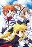  :d bad_id bad_pixiv_id blonde_hair bow bowtie cape dress fate_testarossa fingerless_gloves gloves hair_ornament hat jacket long_sleeves looking_at_viewer lyrical_nanoha magical_girl mahou_shoujo_lyrical_nanoha mahou_shoujo_lyrical_nanoha_a's multiple_girls open_clothes open_jacket open_mouth red_bow red_hair red_neckwear smile takamachi_nanoha twintails unison white_dress wings x_hair_ornament yagami_hayate zero1 