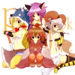  4girls aiue-o animal_ears axe bandana belt bikini bikini_top_only black_bikini black_gloves blacksmith_(ragnarok_online) blonde_hair blue_eyes blue_shorts bow breasts brown_belt brown_gloves brown_hair brown_horns brown_pantyhose brown_skirt closed_mouth commentary_request copyright_name crop_top curled_horns elbow_gloves fake_horns fingerless_gloves full_body gloves green_eyes grey_hair hair_bow hands_on_own_cheeks hands_on_own_face holding holding_axe holding_screwdriver horns long_hair mechanic_(ragnarok_online) medium_breasts merchant_(ragnarok_online) multiple_girls multiple_hair_bows one_eye_closed open_mouth pantyhose purple_hair ragnarok_online red_bandana red_eyes screwdriver shirt short_hair short_shorts shorts simple_background sitting skirt sleeveless sleeveless_shirt smile squatting swimsuit tied_shirt white_background white_bikini white_shirt whitesmith_(ragnarok_online) wolf_hat 