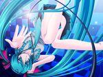  aqua_eyes aqua_hair aqua_nails hair_ribbon hatsune_miku headphones highres long_hair looking_at_viewer nail_polish necktie outstretched_hand reaching ribbon skirt solo soukamaki twintails upside-down very_long_hair vocaloid 