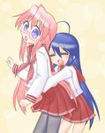  ahoge blue_hair green_eyes hug izumi_konata long_hair lucky_star mole mole_under_eye multiple_girls non-web_source pantyhose pink_hair pink_neckwear purple_eyes ryouou_school_uniform school_uniform serafuku takara_miyuki 