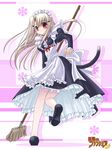  amarugi_sachi blush broom cat_tail fate/stay_night fate_(series) illyasviel_von_einzbern long_hair maid mugen_no_fantasia red_eyes silver_hair solo tail 