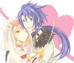  1girl alice_(tales) anko_(pixiv293078) bad_id bad_pixiv_id couple decus hetero lowres one_eye_closed rapier sword tales_of_(series) tales_of_symphonia tales_of_symphonia_knight_of_ratatosk weapon 