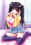  bed black_hair blush breasts cardigan cleavage covered_nipples hair_ribbon highres jewelry large_breasts long_hair miniskirt nanno_koto necklace original panties pantyshot pink_eyes plaid plaid_skirt purple_legwear ribbon sitting skirt solo thighhighs twintails underwear white_panties 