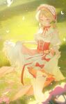  1girl alternate_costume blonde_hair blurry blurry_foreground bow bowtie corset depth_of_field dress dress_bow drill_hair flower frilled_dress frills funingnatianxiadiyi47040 garter_straps grass headdress highres looking_at_viewer mahou_shoujo_madoka_magica mahou_shoujo_madoka_magica_(anime) medium_hair open_mouth outdoors pink_flower red_bow red_bowtie simple_butterfly skirt_hold smile solo standing thighhighs tomoe_mami twin_drills white_dress white_thighhighs yellow_eyes 