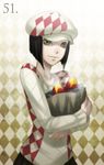  argyle argyle_background argyle_sweater bag black_hair cabbie_hat carrying food hat looking_at_viewer original short_hair solo sweater sweet_potato yellow_eyes zou_azarashi 