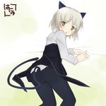  animal_ears ass bed black_legwear blush cat_ears cat_tail from_behind green_eyes hanyu looking_back lying on_side pantyhose sanya_v_litvyak short_hair signature silver_hair solo strike_witches tail world_witches_series 