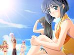  ball beach beachball bikini black_hair blue_eyes blue_hair blush brown_hair cloud day game_cg hair_ribbon hands_clasped kanade_(purple_software) leg_hug long_hair multiple_girls non-web_source one-piece_swimsuit outdoors own_hands_together purple_hair ribbon shading_eyes short_hair side-tie_bikini sitting sky smile sun swimsuit vogue water 