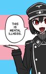  1girl black_hair black_hat fang flag_background hat highres jacket koalakanru lapels looking_at_viewer military_hat military_uniform nazi open_mouth original peaked_cap red_eyes reichsadler short_hair solo speech_bubble ss_insignia ss_uniform sven_hoffmann swastika talking transgender_flag waffen-ss 