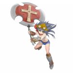  1girl armored_boots axe blacksmith_(ragnarok_online) blue_shorts blush boots breasts brown_gloves cleavage commentary_request crop_top fingerless_gloves full_body gloves goggles goggles_on_head green_eyes grey_hair holding holding_axe long_hair looking_at_viewer medium_breasts midriff navel open_mouth ragnarok_online shirt short_shorts shorts simple_background sleeveless sleeveless_shirt smile solo v-shaped_eyebrows weroro white_background white_shirt 