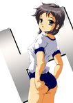  adjusting_buruma adjusting_clothes ass black_eyes black_hair buruma gym_uniform highres looking_back nagato_yuki nanashi_noiji open_mouth short_hair solo suzumiya_haruhi_no_yuuutsu 