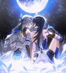  2girls black_gloves black_hair bronya_rand commentary dress earrings elbow_gloves english_commentary from_behind full_moon gloves grey_hair highres honkai:_star_rail honkai_(series) jewelry looking_at_another mie_xing moon multiple_girls night night_sky seele_(honkai:_star_rail) sitting sky tri_drills twitter_username white_dress 