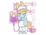  1girl animal_ears apron blonde_hair blue_jacket blue_shoes bow closed_eyes crossed_bandaids deformed facing_viewer frilled_hairband frills hair_flaps hairband hand_to_own_mouth hand_up head_tilt heart intravenous_drip jacket jersey_maid leg_warmers maid pink_bow regurusu_(nagarevosi) ribbon shoes short_hair sleeves_past_fingers sleeves_past_wrists sneakers solo standing syringe tail track_jacket twitter_username unconventional_maid urotsuki white_apron white_hairband white_leg_warmers white_ribbon wolf_ears wolf_girl wolf_tail yume_2kki 