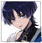  1boy 4k10r1 :p black_bodysuit bodysuit border close-up commentary_request eyeshadow genshin_impact highres looking_at_viewer makeup male_focus mandarin_collar portrait purple_eyes purple_hair red_eyeshadow scaramouche_(genshin_impact) short_hair shoulder_peek solo tongue tongue_out wanderer_(genshin_impact) white_background 