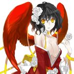  angel bare_shoulders black_hair breasts choker cleavage collarbone fingernails flower frills gathers japanese_clothes kimono mami_(apsaras) medium_breasts nail_polish off_shoulder original red_wings rose short_hair solo wings yellow_eyes yellow_nails 