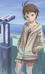  antenna_hair binoculars brown_eyes brown_hair collarbone feet_out_of_frame hands_in_pockets hood hood_down hoodie horizon idolmaster idolmaster_(classic) idolmaster_1 inu_(aerodog) kikuchi_makoto leaning_back looking_at_viewer miniskirt ocean outdoors partially_unzipped short_hair skirt smile solo standing sweater thighhighs tower_viewer white_legwear zettai_ryouiki 