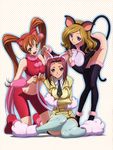  absurdres animal_ears aqua_legwear ashford_academy_uniform bike_shorts black_legwear blue_eyes cat_ears code_geass cosplay gloves highres kallen_stadtfeld long_hair milly_ashford multiple_girls official_art paw_gloves paw_shoes paws red_hair reference_work scan school_uniform shirley_fenette shoes short_hair sleeveless sleeveless_turtleneck tabata_hisayuki tail thighhighs turtleneck 