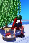  barefoot bench blue_sky bow bucket cape day disembodied_head fan food fruit hair_bow highres hot in_bucket in_container kansuke_(bubuduke) long_sleeves paper_fan red_eyes red_hair role_reversal sekibanki shirt shoes_removed sitting skirt sky socks_removed solo sweat touhou tree tub uchiwa water watermelon willow 