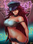  absurdres big_hair blue_eyes breasts character_name choker denim denim_shorts final_fight hat highres large_breasts long_hair midriff navel onichan-xd peaked_cap pink_hair poison_(final_fight) pulled_by_self short_shorts shorts shorts_pull signature smile solo strap_slip tank_top 