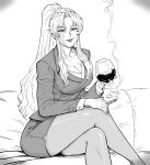  1girl absurdres balalaika_(black_lagoon) bb_(baalbuddy) black_lagoon breasts cigar commission crossed_legs cup drinking_glass formal highres holding holding_cigar jacket large_breasts long_hair monochrome pantyhose pencil_skirt scar scar_on_face skirt skirt_suit smile smoke solo suit wine_glass 