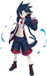  1boy black_hair demon_boy disgaea disgaea_rpg earrings full_body hair_between_eyes hand_in_pocket harada_takehito jacket jewelry male_focus male_swimwear navel official_art open_clothes open_jacket red_eyes shoelaces shoes smile swim_trunks topless_male transparent_background valvatorez_(disgaea) vampire 
