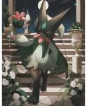  border cape flower full_body furry green_cape green_fur highres mask meowscarada moon night plant pokemon pokemon_(creature) red_eyes reo_(mmocc123) rose sky smile stairs standing star_(sky) white_border white_flower white_rose 