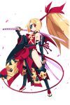  1girl backless_outfit bell blonde_hair bow demon_girl demon_tail demon_wings disgaea disgaea_rpg eyepatch fallen_angel fingernails flonne flonne_(fallen_angel) flonne_zesshosai_(disgaea) full_body harada_takehito holding holding_weapon katana long_tail official_art pointy_ears red_eyes red_tail red_wings sandals smile sword tail tail_bell tail_bow tail_ornament toenails toes transparent_background weapon wings 