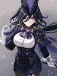  1girl black_hair blue_hair breasts celsior clorinde_(genshin_impact) corset epaulettes frown genshin_impact gloves hat holding holding_sword holding_weapon large_breasts light_particles long_hair looking_at_viewer pantyhose purple_eyes shirt solo sword tricorne very_long_hair weapon white_gloves 