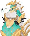 anthro big_breasts blue_body blue_eyes blue_scales breasts capcom chest_tuft claws fanged_wyvern female fur hair hi_res horn looking_at_viewer mammal monster_hunter scales scalie simple_background solo tail tan_body tan_scales thick_thighs togetoge tuft white_body white_fur white_hair white_scales wide_hips zinogre