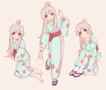  1girl :d ahoge bag barefoot blue_kimono chinese_commentary commentary_request feet floral_print full_body grey_hair hands_on_own_cheeks hands_on_own_face highres japanese_clothes kimono long_hair long_sleeves looking_at_viewer multicolored_hair multiple_views onii-chan_wa_oshimai! open_mouth oyama_mahiro pink_hair print_kimono sandals sash simple_background sitting smile socks standing two-tone_hair waving white_socks wide_sleeves yokozuwari ziyan_yi zouri 