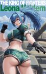  1girl ass ass_focus black_gloves blue_eyes blue_hair character_name earrings gloves green_jacket green_shorts highres jacket jewelry leona_heidern looking_back midriff military_uniform military_vehicle motor_vehicle ponytail shorts soldier solo swwhenry tank the_king_of_fighters thighs triangle_earrings twisted_torso uniform 