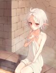  1girl absurdres ahoge aki_(user_mxzg2544) bath breasts elf highres indoors medium_breasts mushoku_tensei naked_towel pointy_ears red_eyes short_hair sitting soaking_feet solo sylphiette_(mushoku_tensei) towel white_hair 