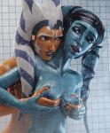 aayla_secura ahsoka_tano alien blue_body blue_skin duo female hi_res humanoid kocean_3d lekku_(anatomy) lips male shower star_wars togruta twi&#039;lek