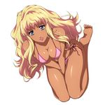  bare_shoulders barefoot bikini blonde_hair blue_eyes breasts cleavage dark_skin feet full_body hairu long_hair long_legs macross macross_frontier medium_breasts sheryl_nome side-tie_bikini simple_background smile solo swimsuit tan white_background 