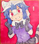  ! 1girl @_@ animal_ear_fluff animal_ears bad_id bad_twitter_id black_gloves black_skirt blue_hair commentary_request common_raccoon_(kemono_friends) cowboy_shot frown fur_collar gloves hair_between_eyes highres inactive_account jmeysan kemono_friends looking_at_viewer multicolored_hair nervous nervous_sweating open_mouth pleated_skirt purple_shirt raccoon_ears raccoon_tail red_background red_eyes shikishi shirt short_hair short_sleeves skirt solo standing striped_tail sweat tail traditional_media white_hair 