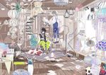  black_hair blue_eyes book cat ceiling_fan chandelier dog grey_hair headphones highres holding hpknight ladder lamp looking_at_viewer multiple_boys notepad original overalls pale_color rug slippers smile spiral_staircase stairs stuffed_animal stuffed_toy teddy_bear track_suit 