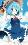  alternate_headwear bad_id bad_pixiv_id blue_eyes blue_hair blue_skirt blue_sky blush chestnut_mouth cirno cloud day dress dress_lift hands_on_headwear hat hat_ribbon highres ice ice_wings looking_at_viewer oniku_(shimofuri-ke) open_mouth puffy_sleeves ribbon shirt short_sleeves skirt sky solo straw_hat touhou upskirt wind wind_lift wings 