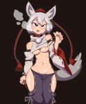  animal_costume animal_ears areola_slip artist_request black_pants borrowed_design breast_curtain breasts collar commentary_request cowboy_shot detached_sleeves fingernails grey_hair grey_tail groin hat heavy_breathing highres hip_vent inubashiri_momiji long_sleeves medium_breasts navel pants pom_pom_(clothes) red_collar red_eyes red_hat ribbon-trimmed_sleeves ribbon_trim seductive_smile short_hair smile stomach tail tassel tokin_hat tongue tongue_out touhou white_sleeves wolf_ears wolf_tail 