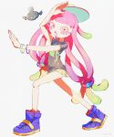  1girl :o baseball_cap black_shirt blue_footwear bracelet clownfish colored_eyelashes commentary drooling fish full_body gradient_hair green_hair hair_ornament hair_scrunchie hand_on_own_head harmony&#039;s_clownfish_(splatoon) harmony_(splatoon) hat highres jewelry long_hair miniskirt mouth_drool multicolored_hair open_mouth outstretched_arms pink_hair pink_pupils pppmepl print_shirt scrunchie shirt short_sleeves skirt solo splatoon_(series) splatoon_3 striped_clothes striped_headwear symbol-only_commentary tentacle_hair tilted_headwear very_long_hair white_background yellow_eyes yellow_skirt 