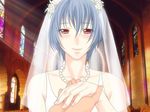  1girl ayanami_rei blue_hair blush church dress good_end happy ikari_shinji_raising_project jewelry necklace neon_genesis_evangelion pearl pearls red_eyes smile wedding wedding_dress yonekura_kengo 