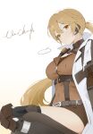  ... 1girl absurdres blonde_hair brown_shorts closed_mouth coat earpiece english_commentary girls&#039;_frontline girls&#039;_frontline_2:_exilium gradient_background hair_between_eyes highres long_hair looking_at_viewer orange_eyes ots-14_(girls&#039;_frontline) ponytail shorts simple_background sitting solo speech_bubble vinnie_cheeks white_coat 