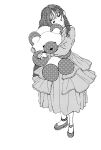  1girl closed_mouth dress full_body greyscale halftone head_tilt highres holding holding_stuffed_toy long_hair long_sleeves looking_at_viewer monochrome original screentones shoes simple_background skna_i solo standing stuffed_animal stuffed_toy teddy_bear white_background 